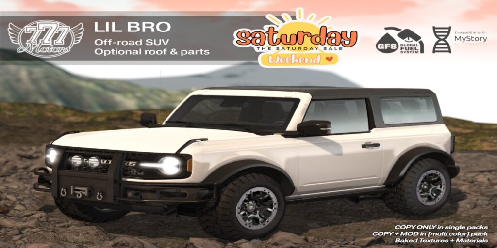 Lil Bro Off-road SUV White	<a href="http://maps.secondlife.com/secondlife/Highway%20Star/144/134/23" target="_blank">Teleport</a>