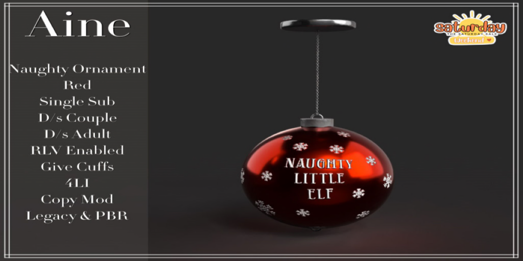 Naughty Ornament	&lt;a href=&quot;http://maps.secondlife.com/secondlife/Spirit%20Hills/128/228/22&quot; target=&quot;_blank&quot;&gt;Teleport&lt;/a&gt;