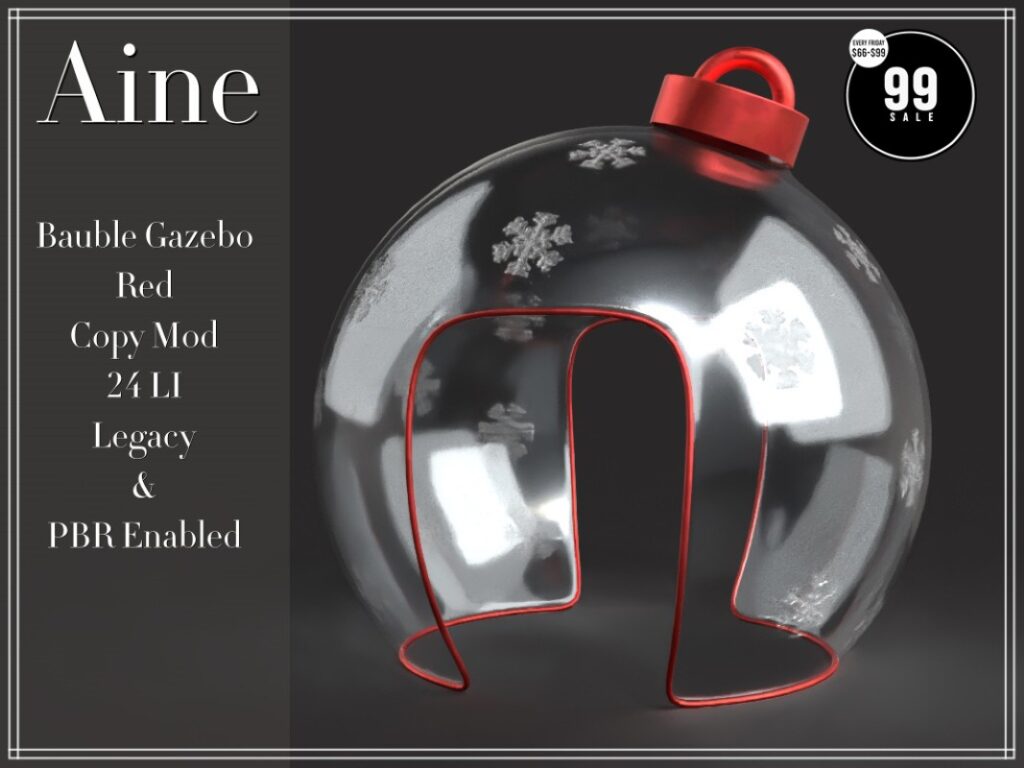 Bauble Gazebo	<a href="http://maps.secondlife.com/secondlife/Spirit%20Hills/128/228/22" target="_blank">Teleport</a>