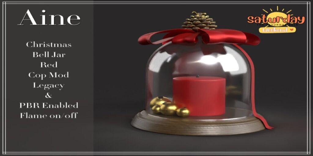 Christmas Bell Jar Decor	<a href="http://maps.secondlife.com/secondlife/Spirit%20Hills/128/228/22" target="_blank">Teleport</a>