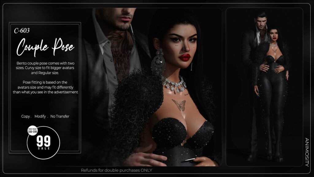 C-603 Couple Pose	<a href="http://maps.secondlife.com/secondlife/Cravone/198/133/30" target="_blank">Teleport</a>