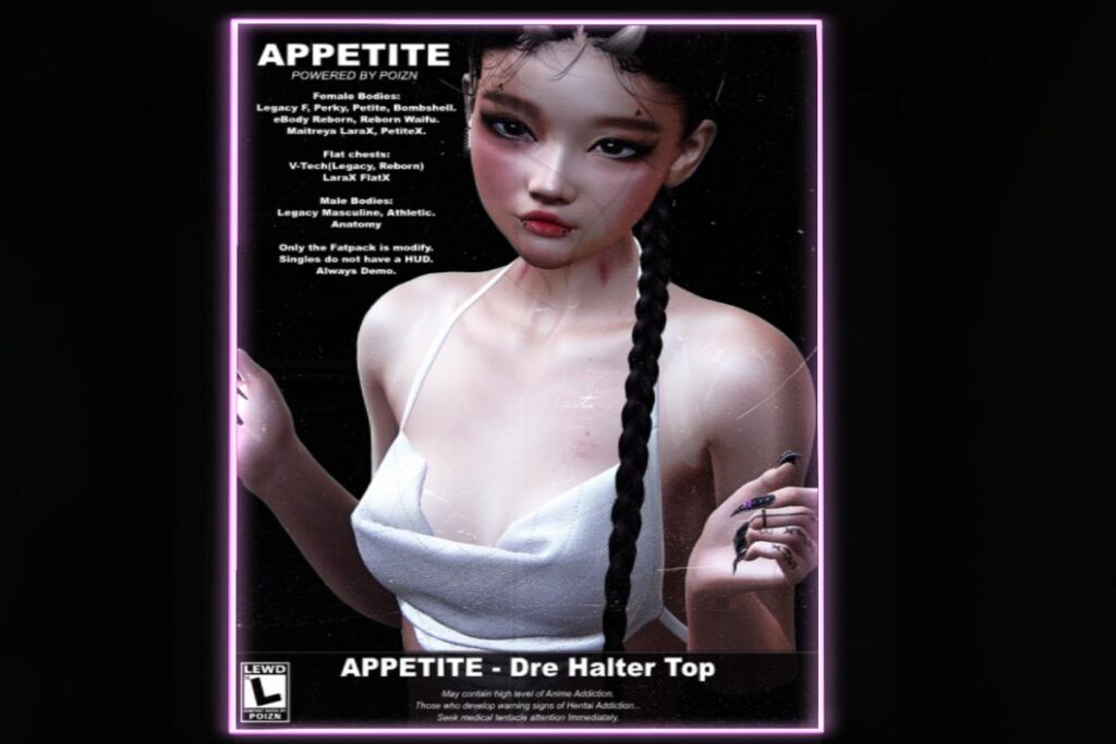 Dre Halter Top - Anatomy/Legacy F+M/MaitreyaX/Reborn/+mods, L$269 each/L$1699 FP
