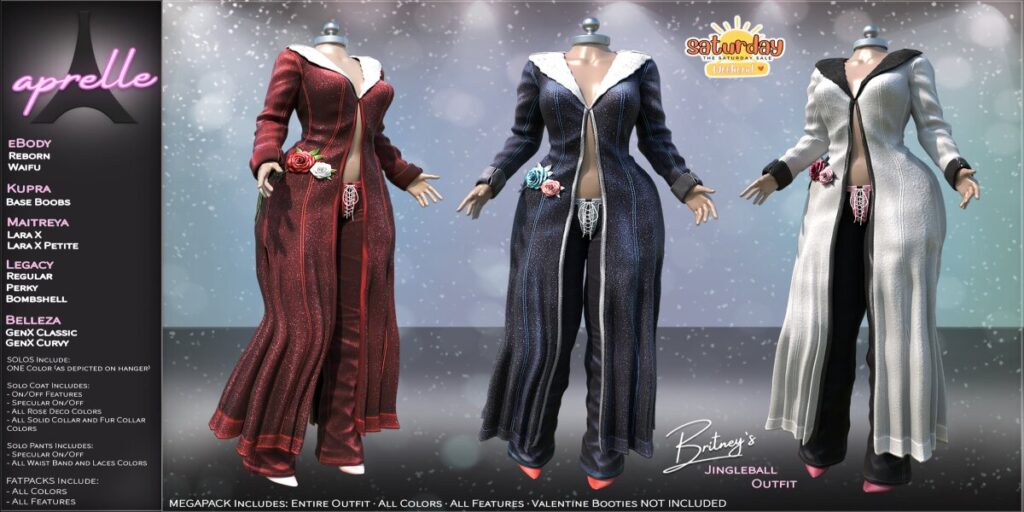 Britney's Jingleball Outfit - GenX/Inithium/Legacy/Maitreya/Reborn/+mods	<a href="http://maps.secondlife.com/secondlife/Woodloch/162/123/983" target="_blank">Teleport</a>