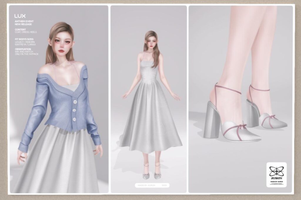 Lux Coat, Dress and Heels - Legacy/MaitreyaX/Reborn/+mods, L$259 each/L$1000 each FP/L$2599 MP