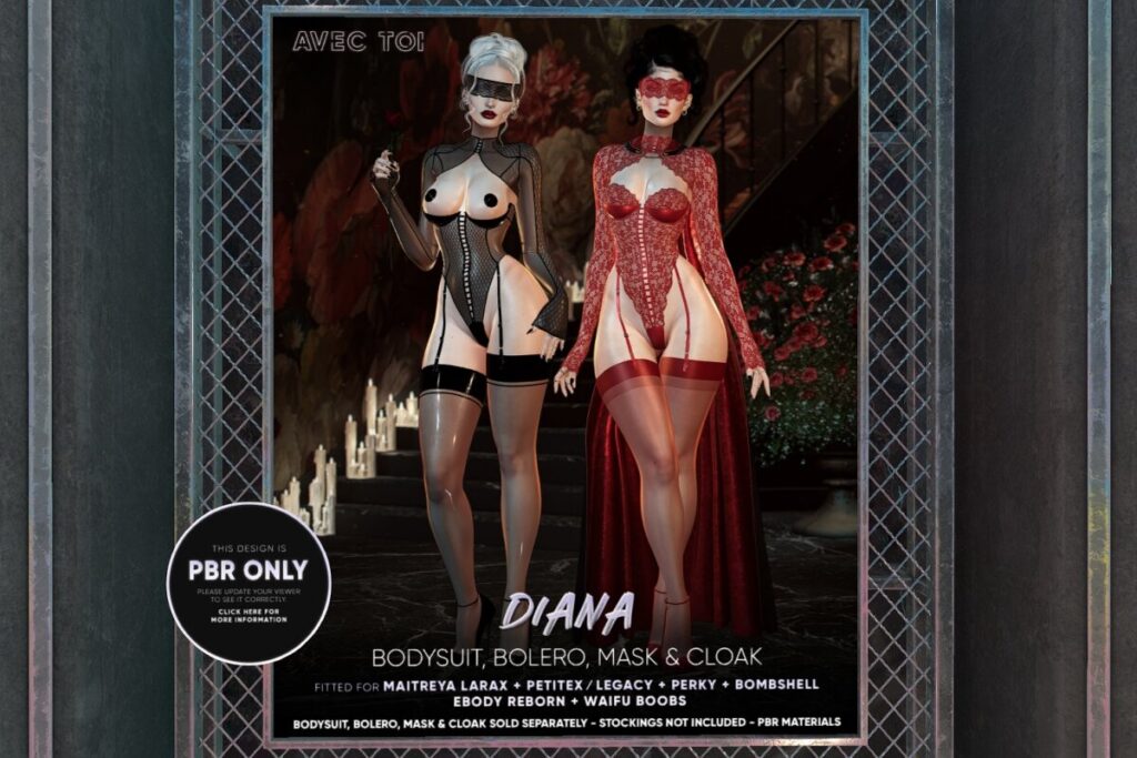 Diana Bodysuit, Bolero, Mask &amp; Cloak - Legacy/MaitreyaX/Reborn/+mods, L$595 each/L$1200-L$1800 each FP/L$9500 MP