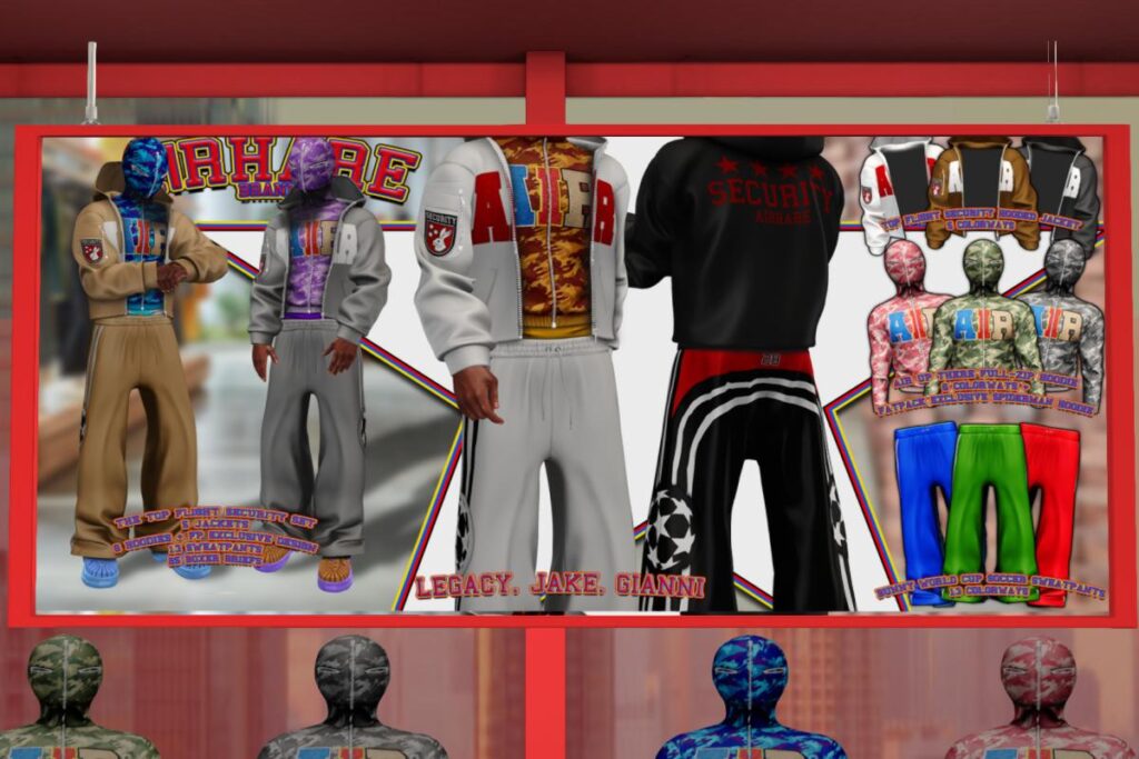 Air Up There Stealth Full-Zip Hoodie, Top Flite Security Hooded Jacket, and Bunny World Cup Soccer Sweatpants - Gianni/Jake/Legacy, L$199 each/L$799-L$999 each FP