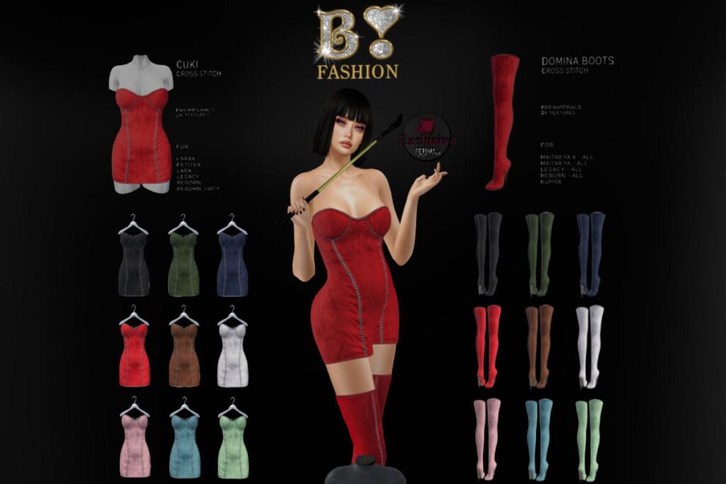 Cuki Cross Stitch Dress - Legacy/Maitreya/Reborn/+mods, L$290 each/L$990 FP | Domina Cross Stitch Boots - Inithium/Legacy/Maitreya/Reborn/+mods, L$290 each/L$990 FP