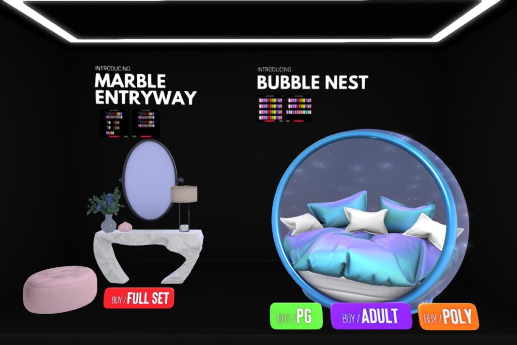 Marble Entryway, L$699 | Bubble Nest, L$1299 PG/L$1999 Adult/L$2499 Poly