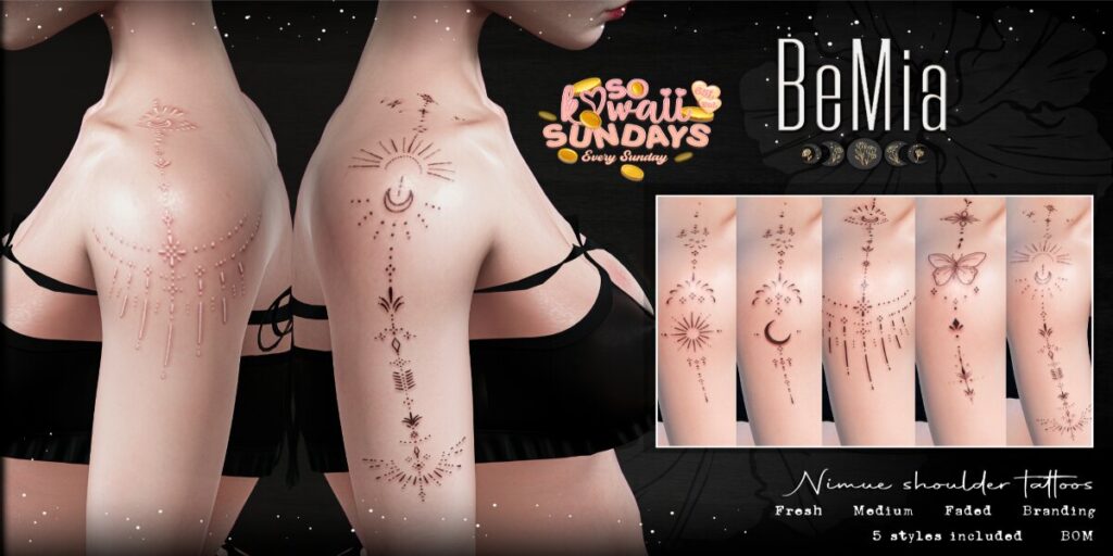 Nimue Shoulder Tattoo - BOM	&lt;a href=&quot;http://maps.secondlife.com/secondlife/Rosehaven/218/121/2501&quot; target=&quot;_blank&quot;&gt;Teleport&lt;/a&gt;