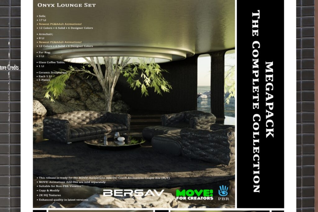 Onyx Lounge Decor Set, L$299-L$699 each/L$1777 FP