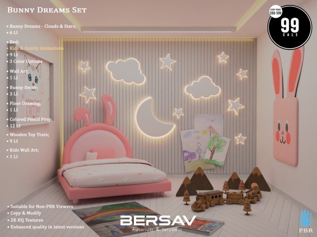 Bunny Dreams Set Furniture &amp; Decor	<a href="http://maps.secondlife.com/secondlife/Abode/101/19/22" target="_blank">Teleport</a>