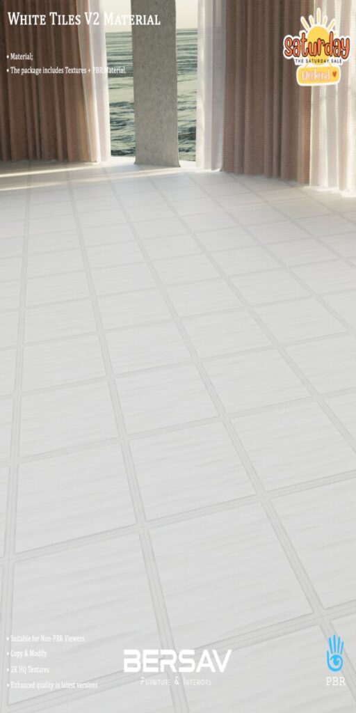 White Tiles V2 Material	<a href="http://maps.secondlife.com/secondlife/Abode/101/19/22" target="_blank">Teleport</a>