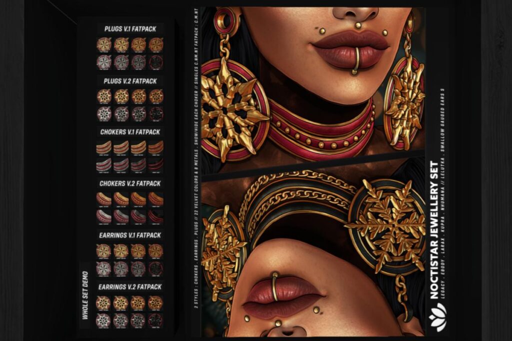 Noctistar Plugs, Chokers and Earrings - EvoX Ears/Inithium/Legacy/MaitreyaX/Reborn/Swallow Gauged Ears/Unrigged, L$255 each/L$815 each FP