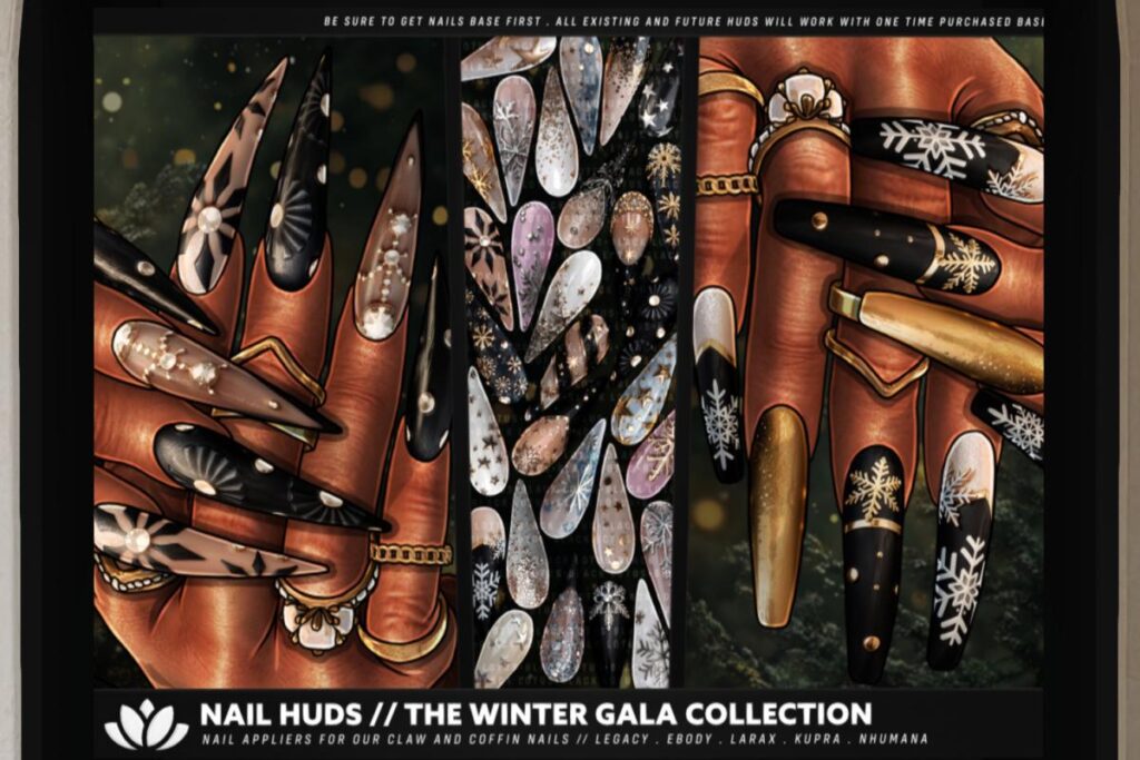 The Winter Gala Nail Hud Collection for Black Lotus Claw &amp; Coffin Nails - Inithium/Legacy/MaitreyaX/Reborn/Yentements, L$255 each