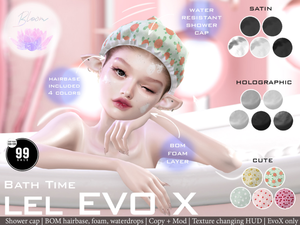 Bath Time Shower Cap, Hairbase, &amp; Makeup - EvoX	<a href="https://maps.secondlife.com/secondlife/Optimal/179/17/1601" target="_blank">Teleport</a>