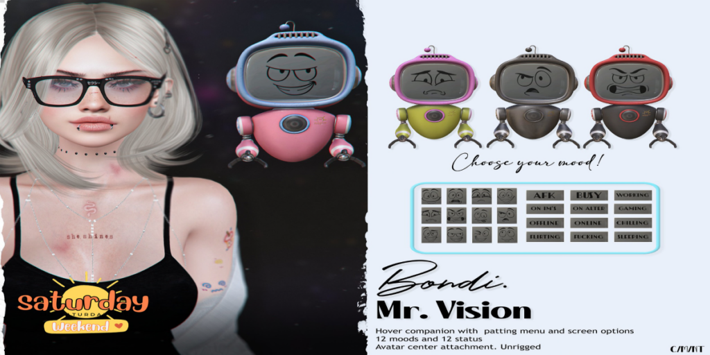Mr. Vision Companion	&lt;a href=&quot;http://maps.secondlife.com/secondlife/Daydreaming/19/66/22&quot; target=&quot;_blank&quot;&gt;Teleport&lt;/a&gt;