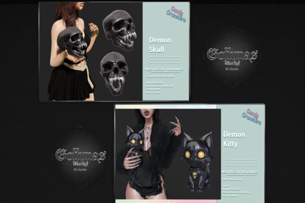 Demon Skull Holdable and Decor, L$140 | Demon Kitty Holdable and Decor, L$150