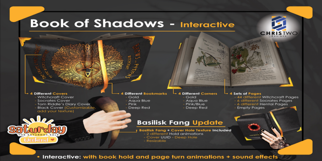Book of Shadows Interactive Accessory	&lt;a href=&quot;http://maps.secondlife.com/secondlife/Chris%20Two%20Designs/128/129/15&quot; target=&quot;_blank&quot;&gt;Teleport&lt;/a&gt;