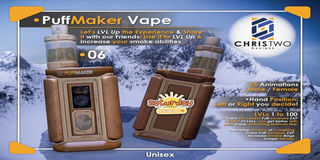 Puffmaker Vape Holdable	&lt;a href=&quot;http://maps.secondlife.com/secondlife/Chris%20Two%20Designs/128/129/15&quot; target=&quot;_blank&quot;&gt;Teleport&lt;/a&gt;