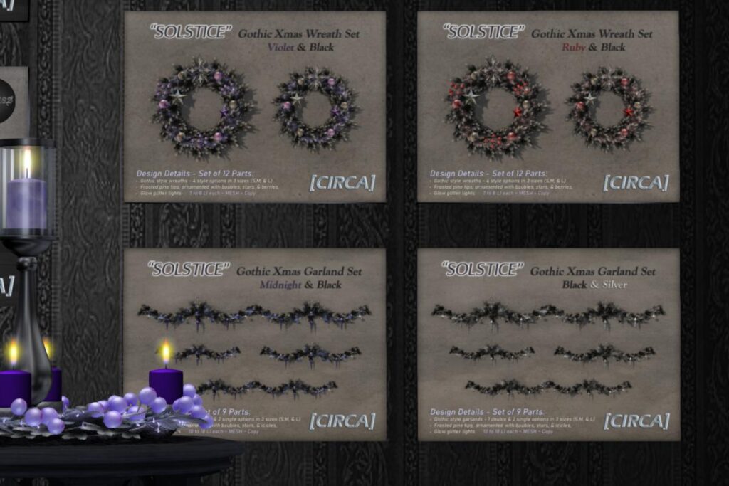 Solstice Gothic Garland &amp; Wreaths, L$374-L$423 each