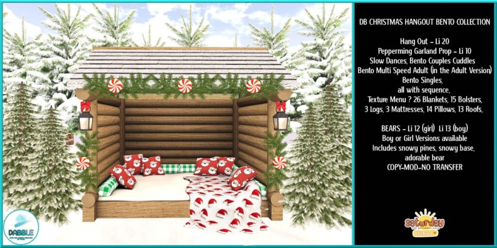 Christmas Hangout Collection	<a href="http://maps.secondlife.com/secondlife/Casvian%20Caye/164/74/22" target="_blank">Teleport</a>