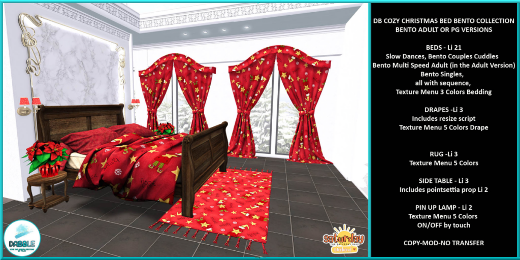 Cosy Christmas Bed Collection Furniture &amp; Decor	&lt;a href=&quot;http://maps.secondlife.com/secondlife/Casvian%20Caye/164/74/22&quot; target=&quot;_blank&quot;&gt;Teleport&lt;/a&gt;
