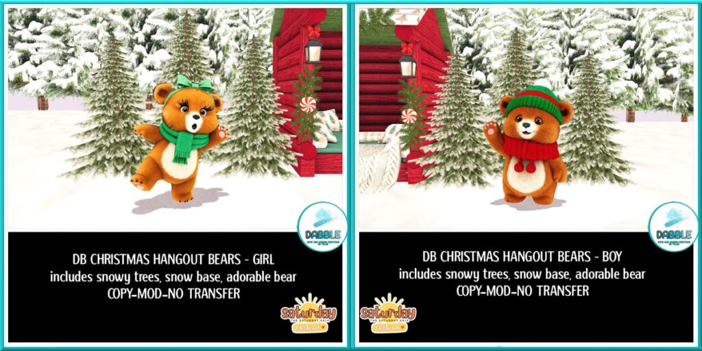 Christmas Hangout Bears	<a href="http://maps.secondlife.com/secondlife/Casvian%20Caye/164/74/22" target="_blank">Teleport</a>