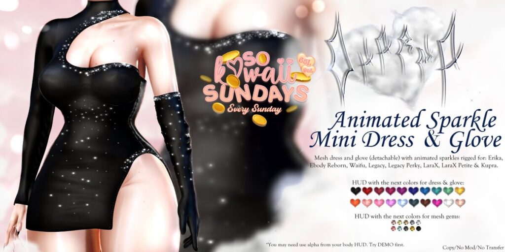 Animated Sparkle Mini Dress &amp; Glove - Erika/Inithium/Legacy/MaitreyaX/Reborn/+mods	&lt;a href=&quot;http://maps.secondlife.com/secondlife/Ancient%20Sanctuary/62/218/1704&quot; target=&quot;_blank&quot;&gt;Teleport&lt;/a&gt;