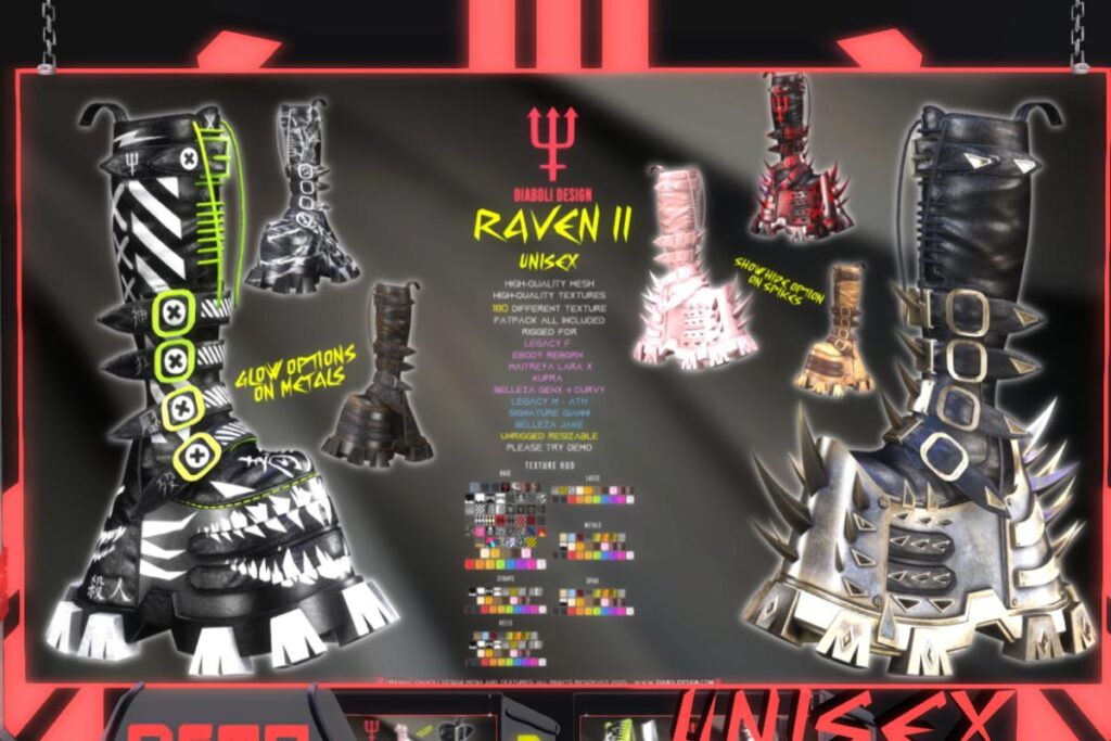 Raven II Boots - GenX/Gianni/Inithium/Jake/Legacy F+M/MaitreyaX/Reborn/Unrigged/+mods, L$999