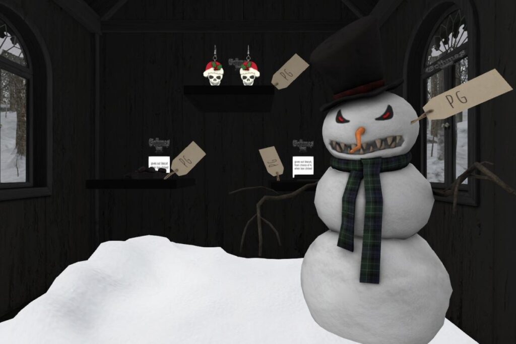 Coffin Box With Biscuits, L$125 | Santa Skull Earrings, L$175 | Box of Biscuits, L$150 | Snowman, L$200