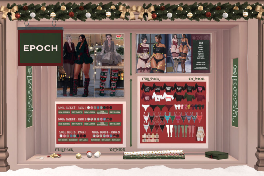 Noel Jacket Pack 1 | Noel Jacket Pack 2 | Noel Boots Pack 1  | Noel Boots Pack 2  - Legacy/MaitreyaX/Reborn/+mods, L$250 each/L$1250 FP