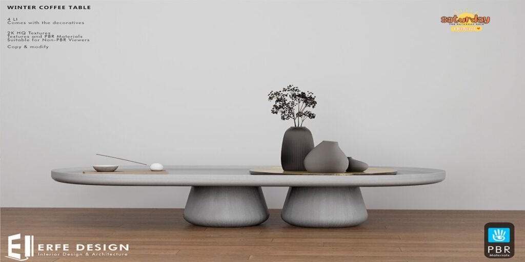 Winter Coffee Table	<a href="http://maps.secondlife.com/secondlife/Corona/142/146/23" target="_blank">Teleport</a>