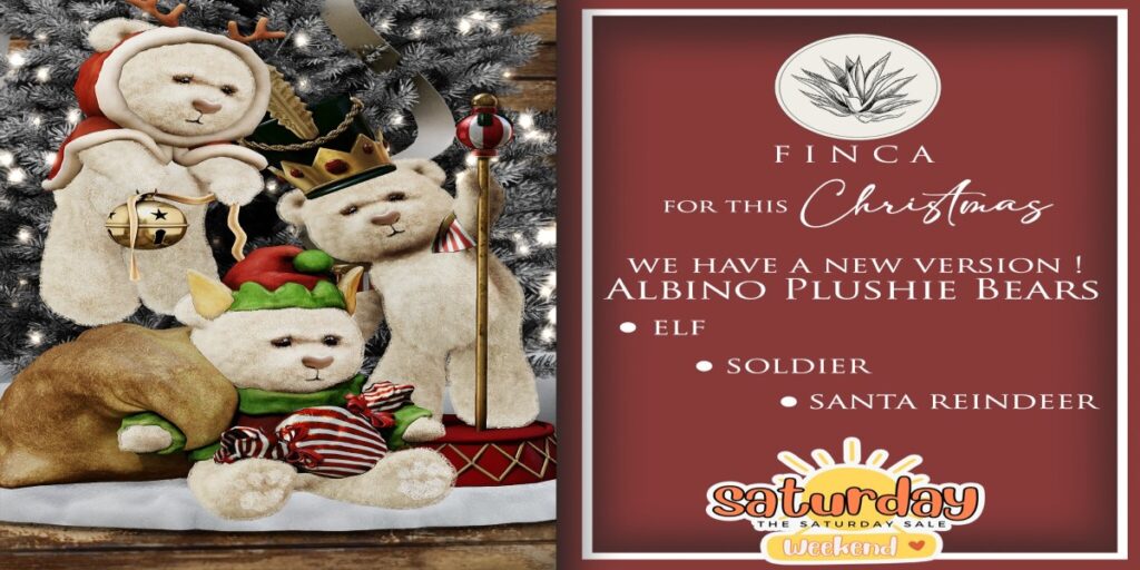 Albino Plushie Bears	<a href="http://maps.secondlife.com/secondlife/FINCA/81/181/28" target="_blank">Teleport</a>