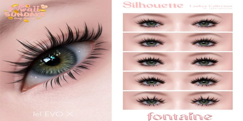 Silhouette Lashes - EvoX	<a href="https://maps.secondlife.com/secondlife/VELOUR/66/140/83" target="_blank">Teleport</a>