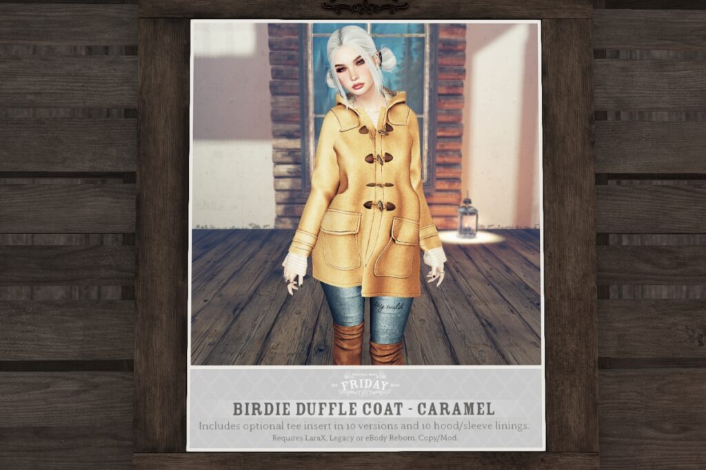 Birdie Duffle Coat - Legacy/MaitreyaX/Reborn	&lt;a href=&quot;http://maps.secondlife.com/secondlife/White%20River%20Farm/182/135/23&quot; target=&quot;_blank&quot;&gt;Teleport&lt;/a&gt;