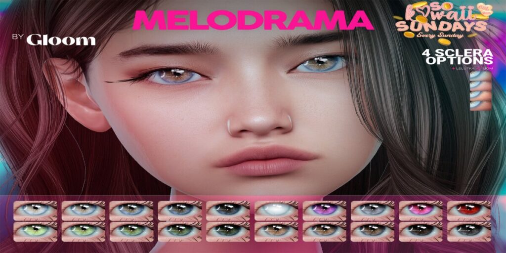 Melodrama Eyes - BOM/EvoX	<a href="http://maps.secondlife.com/secondlife/Moonstar/141/89/43" target="_blank">Teleport</a>