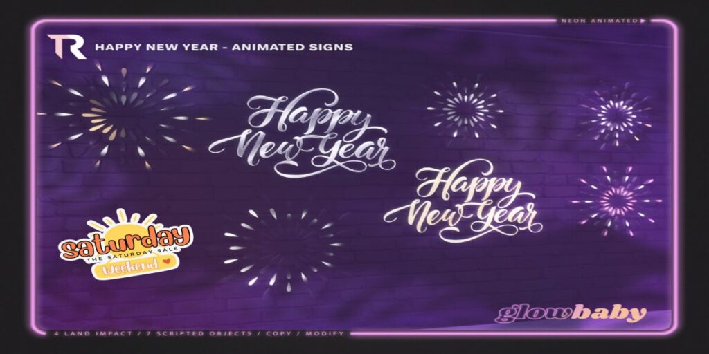 Happy New Year Animated Signs	<a href="http://maps.secondlife.com/secondlife/Slytherin/121/104/1070" target="_blank">Teleport</a>