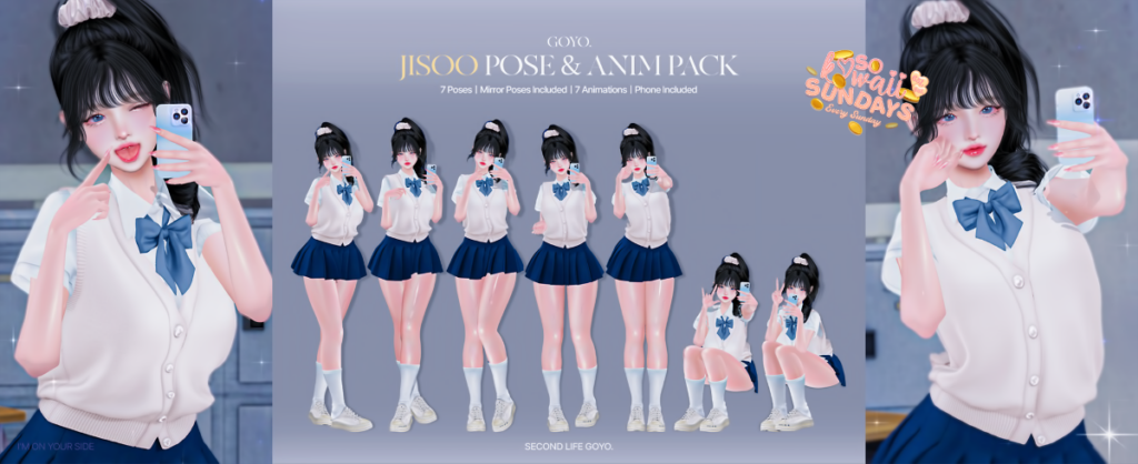 Jisoo Poses	&lt;a href=&quot;http://maps.secondlife.com/secondlife/Dear/19/131/753&quot; target=&quot;_blank&quot;&gt;Teleport&lt;/a&gt;