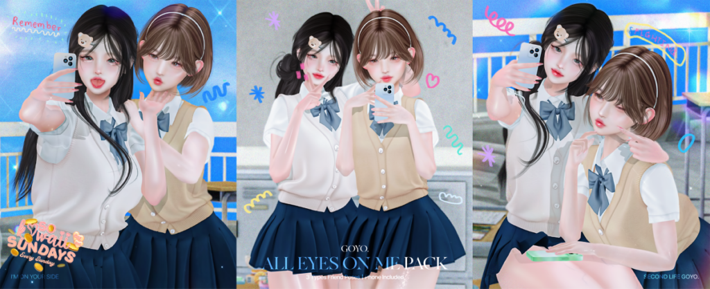 All Eyes On Me Friends Poses	&lt;a href=&quot;http://maps.secondlife.com/secondlife/Dear/19/131/753&quot; target=&quot;_blank&quot;&gt;Teleport&lt;/a&gt;