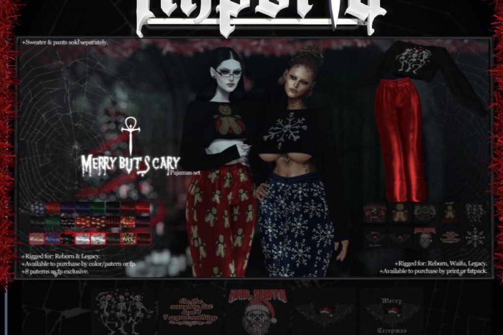 Merry But Scary Pajamas Top and Pants  - Legacy/Reborn/+mods, L$275 each/L$1265-L$1485 each FP