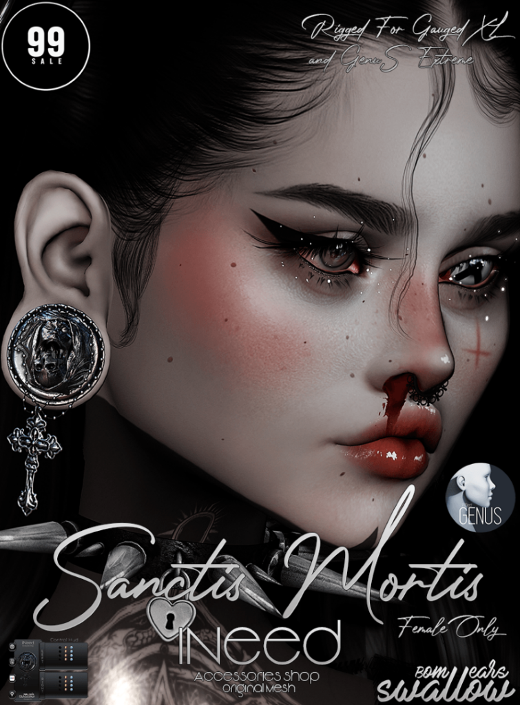Sanctis Mortis Earrings - Genus Extreme/Swallow Gauged Ears XL Female	&lt;a href=&quot;http://maps.secondlife.com/secondlife/Starfall%20Bay/176/30/22&quot; target=&quot;_blank&quot;&gt;Teleport&lt;/a&gt;