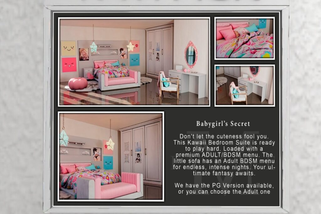 Babygirl's Secret Bedroom Gacha, L$59 per play/L$1800 FP