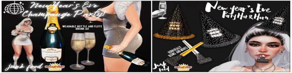 New Year's Eve Champagne Party Holdables	<a href="http://maps.secondlife.com/secondlife/Junk%20Food/192/80/36" target="_blank">Teleport</a>