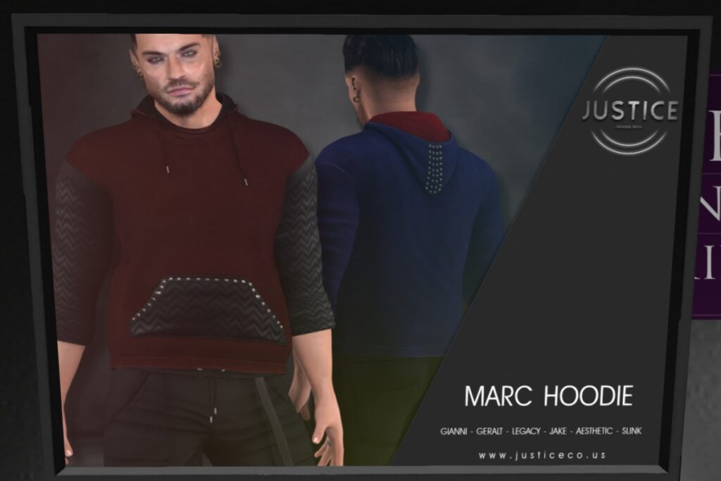 Marc Hoodie - Aesthetic/Geralt/Gianni/Jake/Legacy/Slink	<a href="http://maps.secondlife.com/secondlife/UNDERGROUND/132/82/26" target="_blank">Teleport</a>