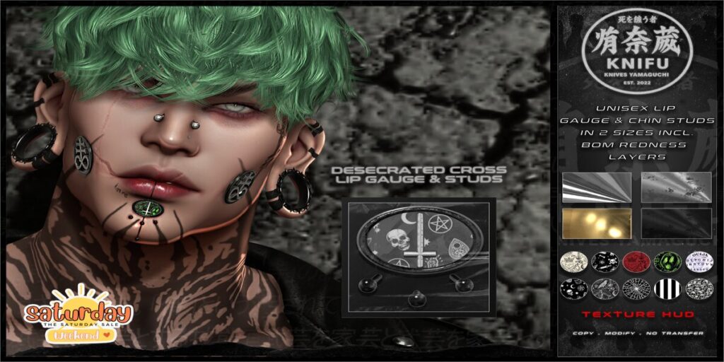 Desecrated Cross Lip Gauge &amp; Studs 	&lt;a href=&quot;http://maps.secondlife.com/secondlife/Shinigami/103/223/3&quot; target=&quot;_blank&quot;&gt;Teleport&lt;/a&gt;