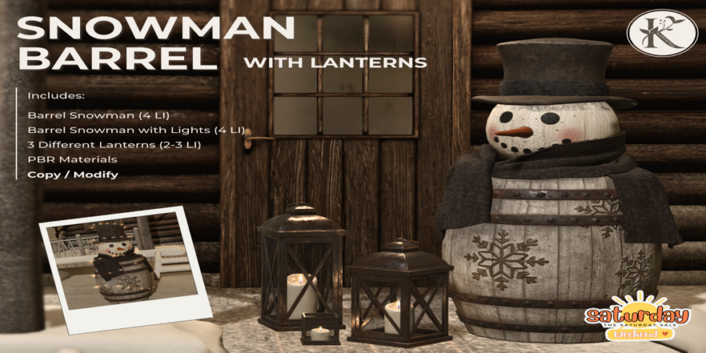 Snowman Barrel with Lanterns Decor	&lt;a href=&quot;http://maps.secondlife.com/secondlife/Indus/121/41/3101&quot; target=&quot;_blank&quot;&gt;Teleport&lt;/a&gt;