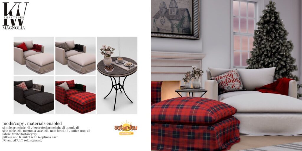 Magnolia Decor Set	&lt;a href=&quot;http://maps.secondlife.com/secondlife/KraftWork/230/122/21&quot; target=&quot;_blank&quot;&gt;Teleport&lt;/a&gt;