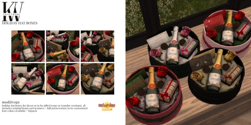 Holiday Hat Boxes	<a href="http://maps.secondlife.com/secondlife/KraftWork/230/122/21" target="_blank">Teleport</a>