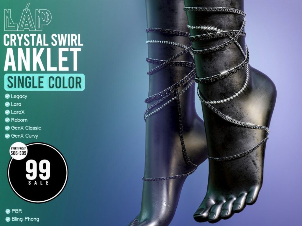 Crystal Swirl Anklet Black - GenX/Legacy/Maitreya/Reborn/+mods	<a href="http://maps.secondlife.com/secondlife/Triple%20Trouble/59/208/22" target="_blank">Teleport</a>