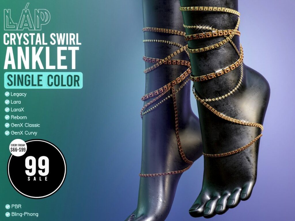 Crystal Swirl Anklet Gold - GenX/Legacy/Maitreya/Reborn/+mods	<a href="http://maps.secondlife.com/secondlife/Triple%20Trouble/59/208/22" target="_blank">Teleport</a>
